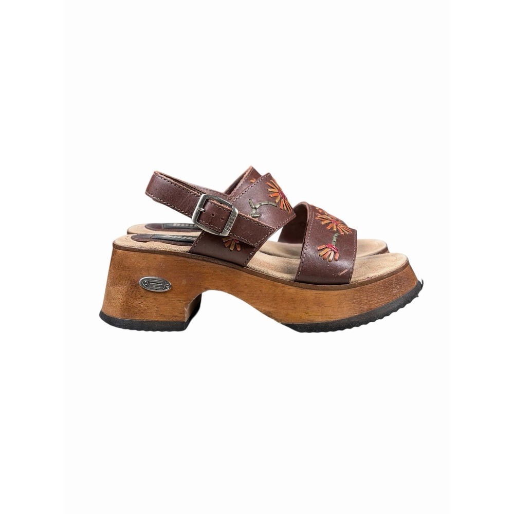 Vintage Y2K BONGO Wooden Chunky Leather Platform Sandals Sz 6.5M Floral